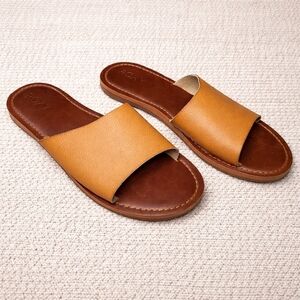 Roxy Tan Brown Helena Leather Slide Sandals Boho Neutral Minimalist W SZ 9.5-10